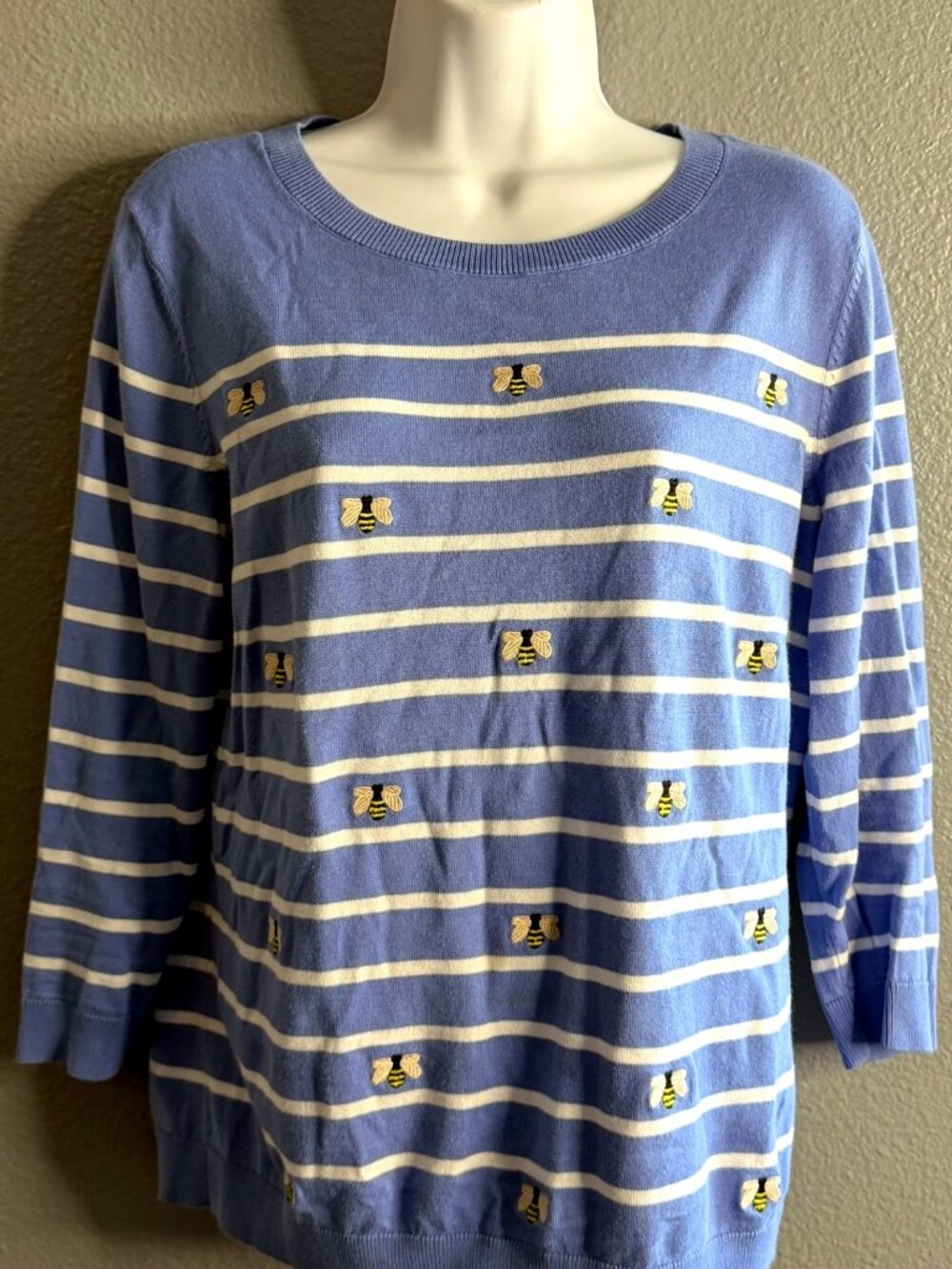 Talbots Striped Bee Sweater - Embroidered Bumblebees, Size M
